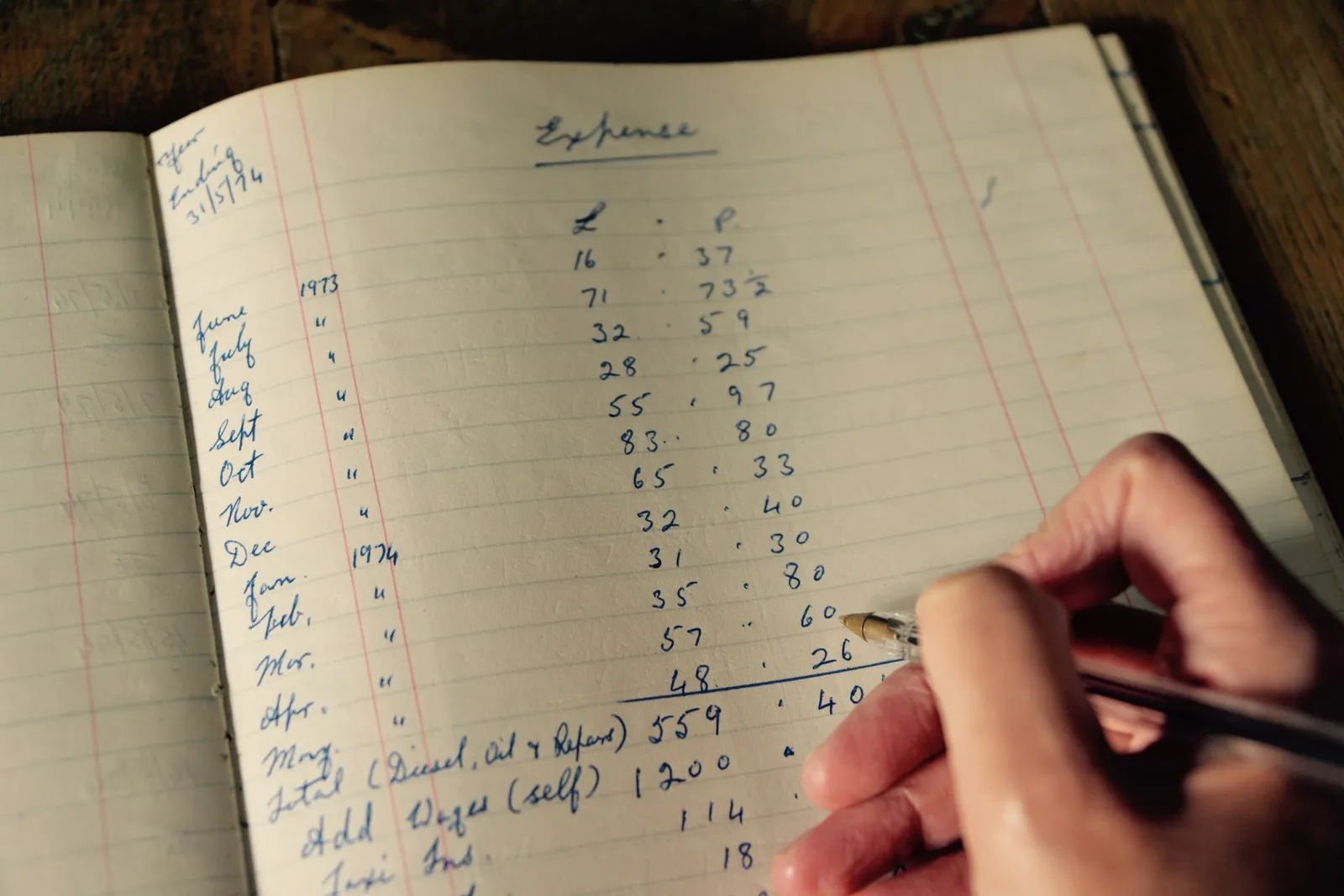 A hand writing entries in an old expense ledger
